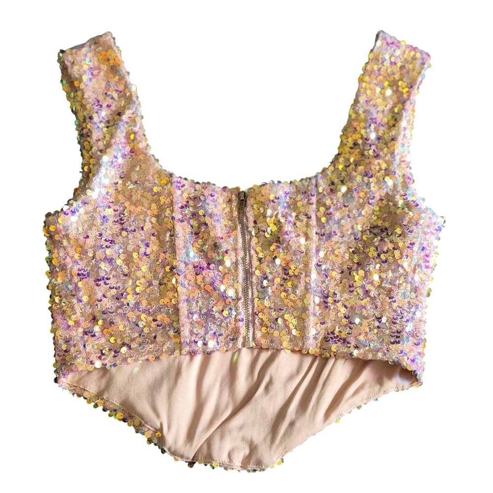 Olivaceous Iridescent Sequin Corset Crop Top Pink Champagne Sleeveless M - Picture 3 of 5